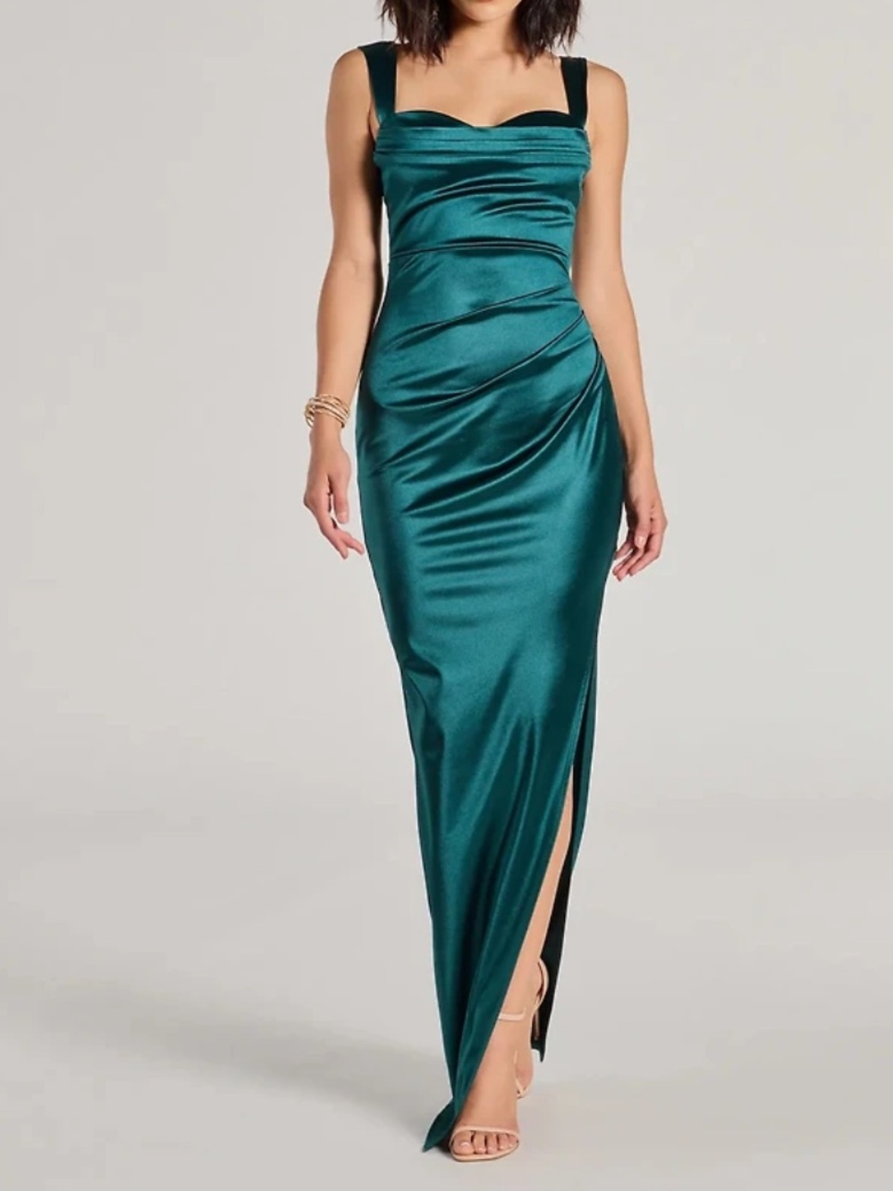 Windsor Teal Satin Cowl Neck Maxi Dress with High Slit Green Medium
